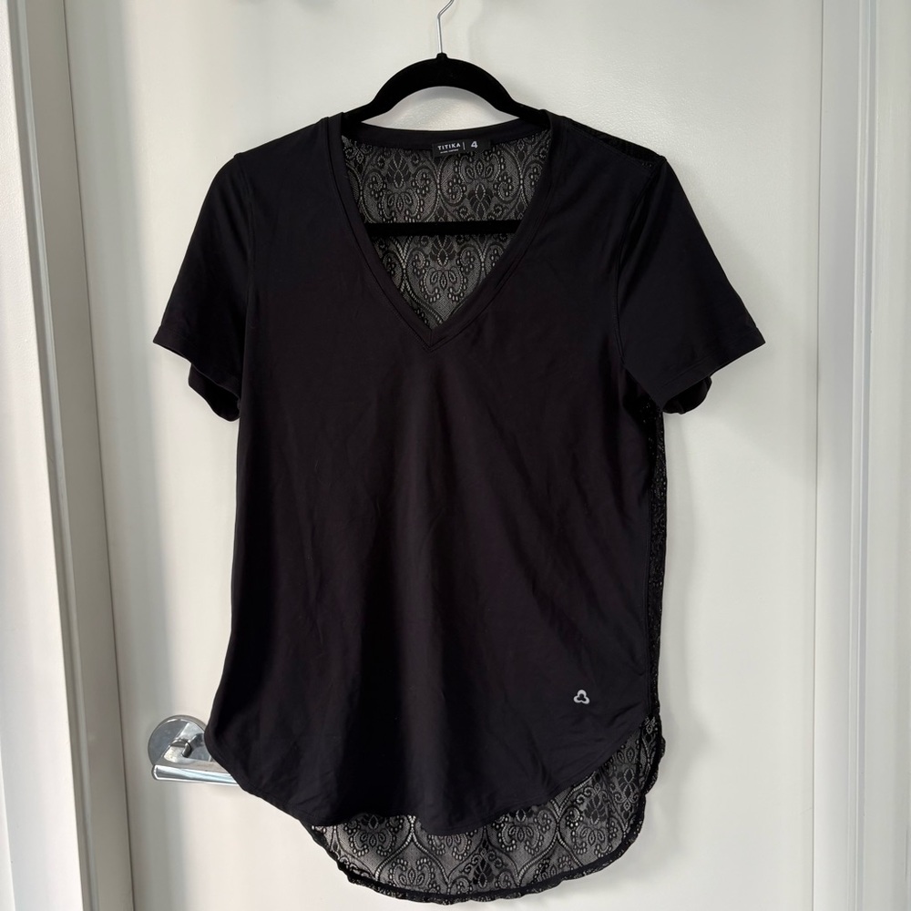 Titika Black V-Neck Lace Back Women Active Top Size 4
